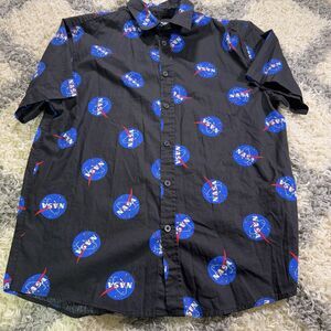NASA Mens L Button Up‎ Shirt Short Sleeve Blue Black 100% Cotton SH2